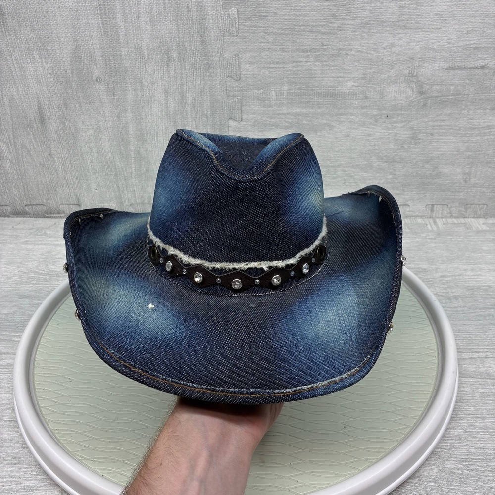 Bullhide Cowboy Hat Women's Medium Blue Denim Rhinestone Studded Western Cowgirl